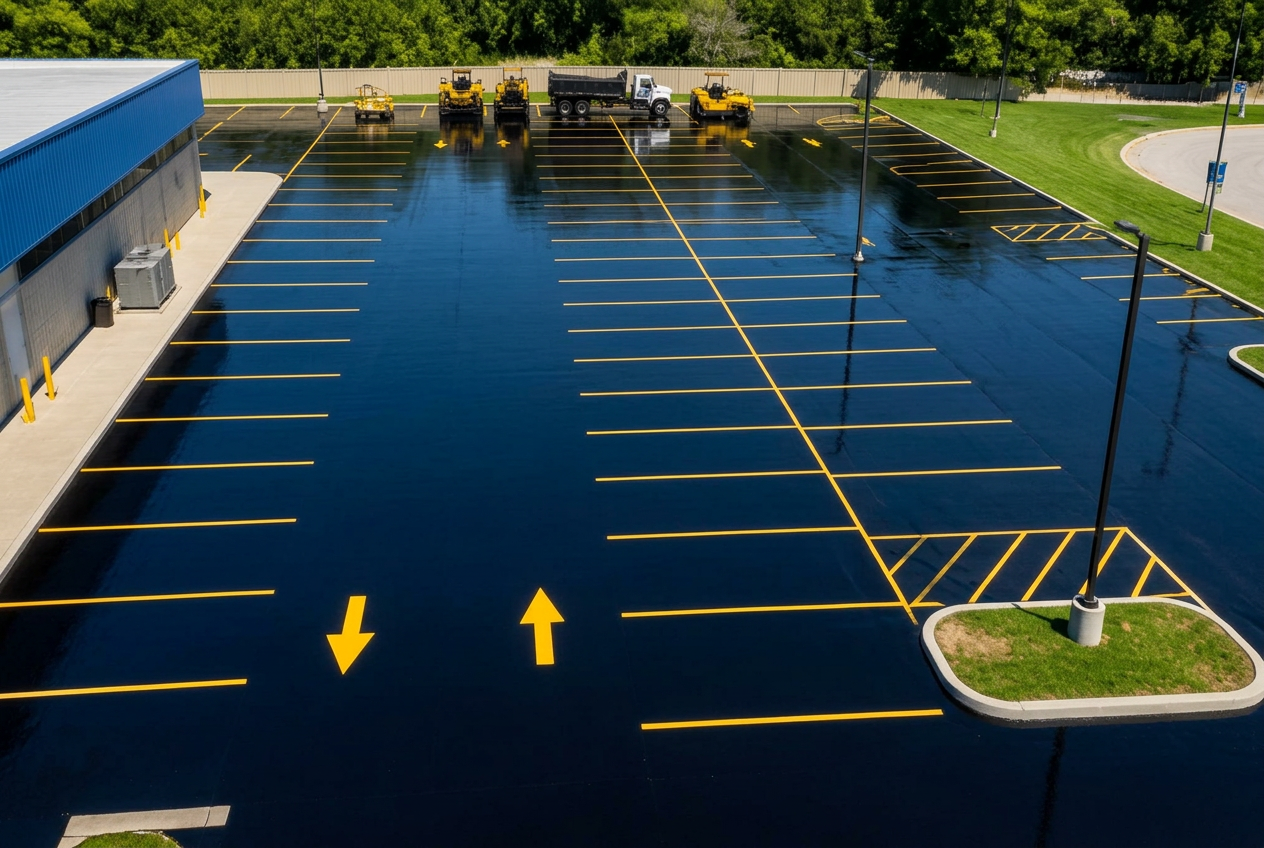 Commercial parking lot being sealcoated and striped